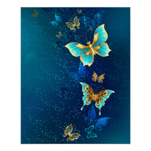 Golden Butterflies op een blauwe achtergrond Perfect Poster