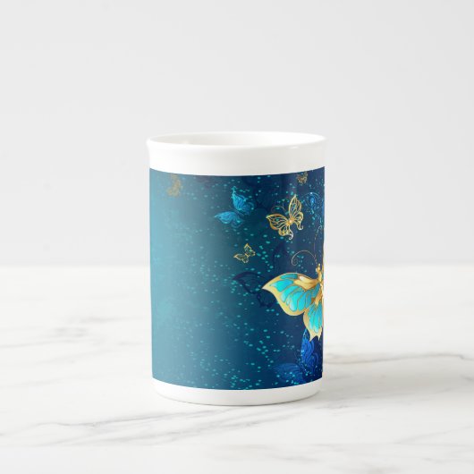Golden Butterflies op een blauwe achtergrond Porselein Kop (Voorkant)