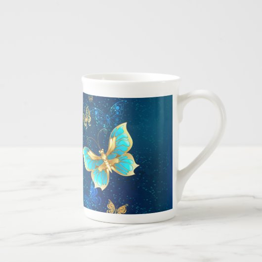Golden Butterflies op een blauwe achtergrond Porselein Kop (Rechts)