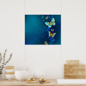 Golden Butterflies op een blauwe achtergrond Poster (Keuken)