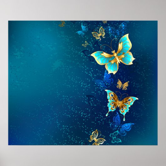 Golden Butterflies op een blauwe achtergrond Poster (Voorkant)