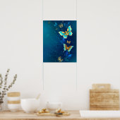 Golden Butterflies op een blauwe achtergrond Poster (Keuken)