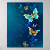 Golden Butterflies op een blauwe achtergrond Poster (Voorkant)