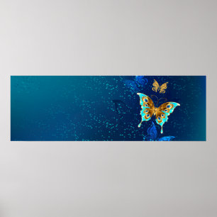 Golden Butterflies op een blauwe achtergrond Poster