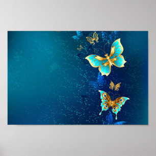 Golden Butterflies op een blauwe achtergrond Poster