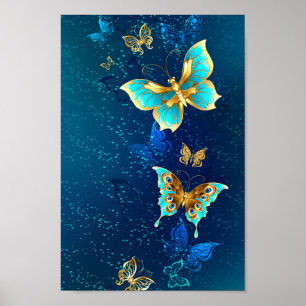 Golden Butterflies op een blauwe achtergrond Poster