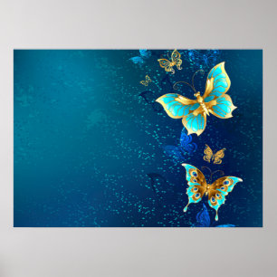 Golden Butterflies op een blauwe achtergrond Poster