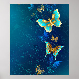 Golden Butterflies op een blauwe achtergrond Poster