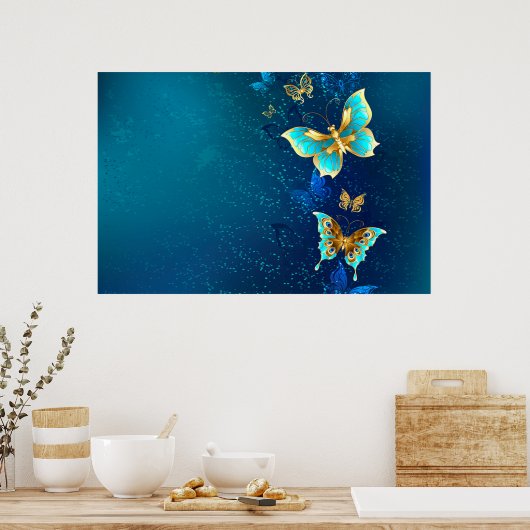 Golden Butterflies op een blauwe achtergrond Poster (Keuken)