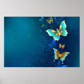 Golden Butterflies op een blauwe achtergrond Poster (Voorkant)