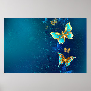 Golden Butterflies op een blauwe achtergrond Poster
