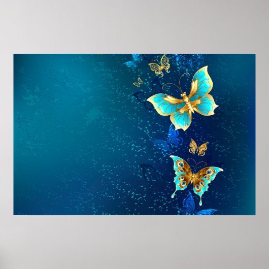 Golden Butterflies op een blauwe achtergrond Poster (Voorkant)