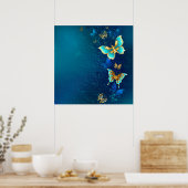 Golden Butterflies op een blauwe achtergrond Poster (Keuken)