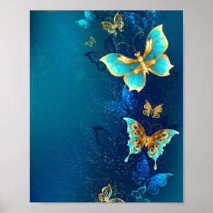 Golden Butterflies op een blauwe achtergrond Poster