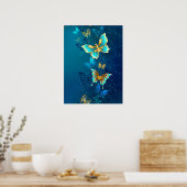 Golden Butterflies op een blauwe achtergrond Poster (Keuken)