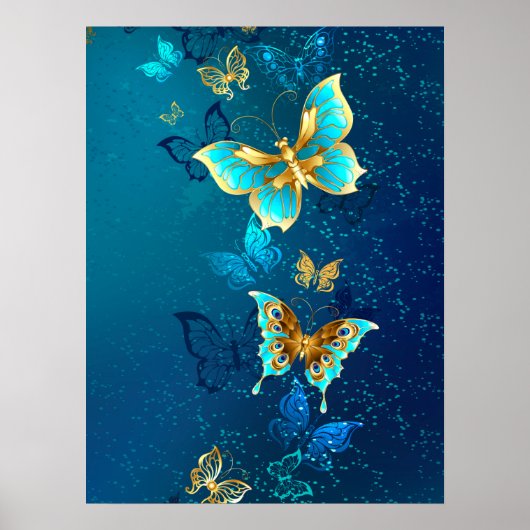 Golden Butterflies op een blauwe achtergrond Poster (Voorkant)