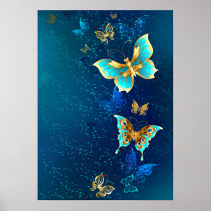 Golden Butterflies op een blauwe achtergrond Poster