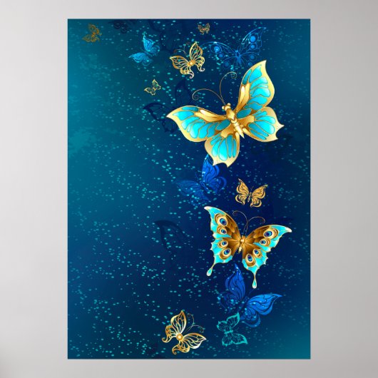 Golden Butterflies op een blauwe achtergrond Poster (Voorkant)