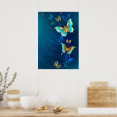 Golden Butterflies op een blauwe achtergrond Poster (Keuken)