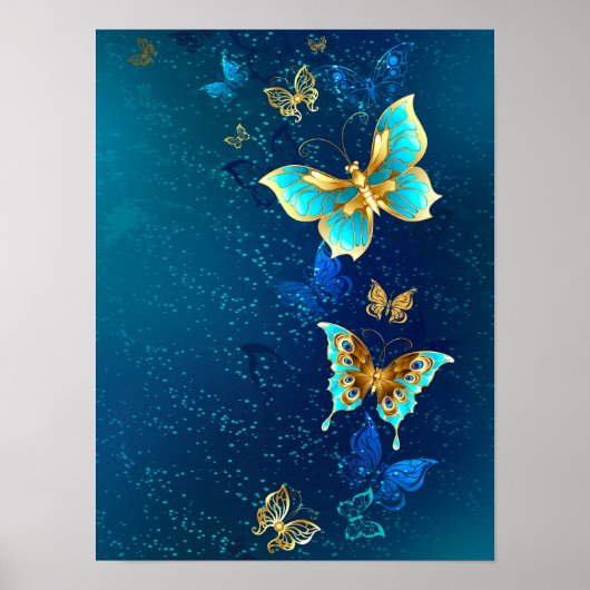 Golden Butterflies op een blauwe achtergrond Poster (Voorkant)