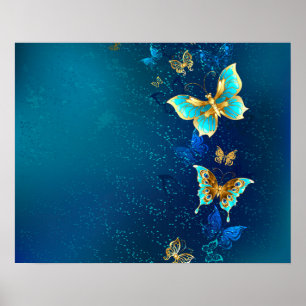 Golden Butterflies op een blauwe achtergrond Poster