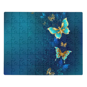 Golden Butterflies op een blauwe achtergrond Puzzel