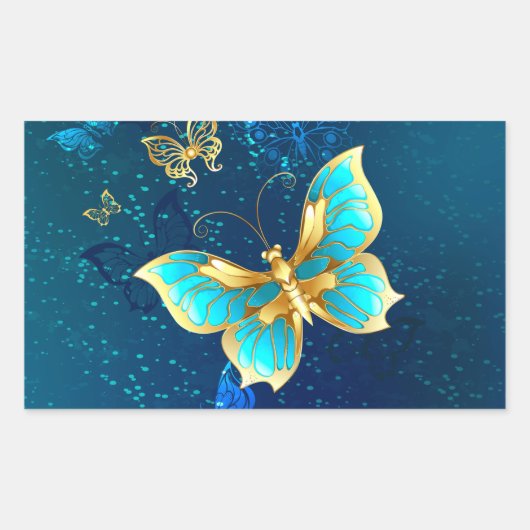 Golden Butterflies op een blauwe achtergrond Rechthoekige Sticker (Voorkant)