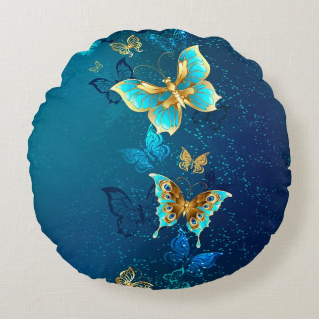 Golden Butterflies op een blauwe achtergrond Rond Kussen (Voorkant)
