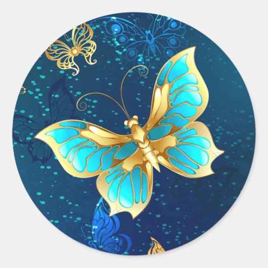 Golden Butterflies op een blauwe achtergrond Ronde Sticker (Voorkant)