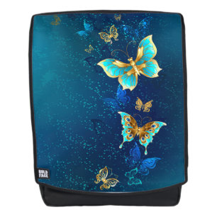 Golden Butterflies op een blauwe achtergrond Rugtassen