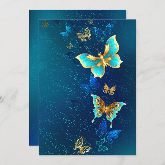 Golden Butterflies op een blauwe achtergrond Save The Date (Voorkant / Achterkant)