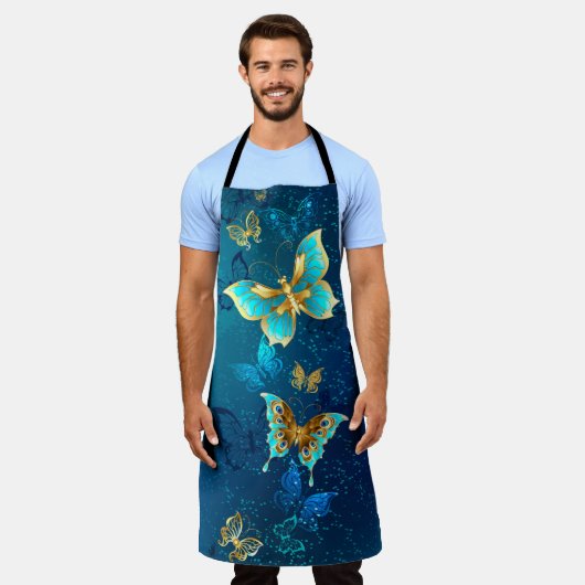 Golden Butterflies op een blauwe achtergrond Schort (Gedragen)