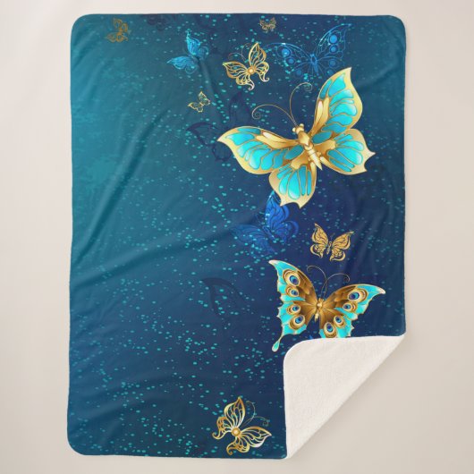 Golden Butterflies op een blauwe achtergrond Sherpa Deken (Voorkant)