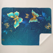 Golden Butterflies op een blauwe achtergrond Sherpa Deken (Voorkant (horizontaal))
