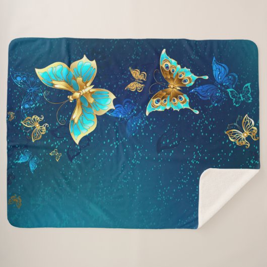 Golden Butterflies op een blauwe achtergrond Sherpa Deken (Voorkant (horizontaal))