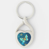 Golden Butterflies op een blauwe achtergrond Sleutelhanger (Voorkant)