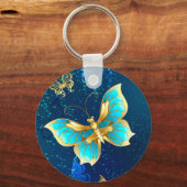 Golden Butterflies op een blauwe achtergrond Sleutelhanger (Voorkant)