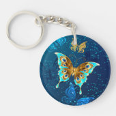 Golden Butterflies op een blauwe achtergrond Sleutelhanger (Voorkant)