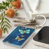 Golden Butterflies op een blauwe achtergrond Sleutelhanger (Voorkant Rechts)