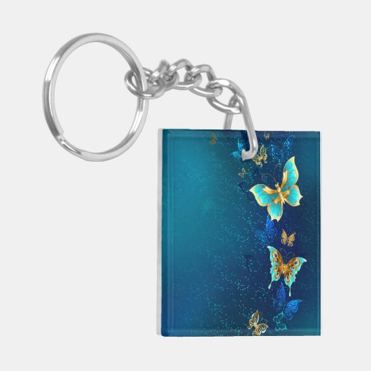 Golden Butterflies op een blauwe achtergrond Sleutelhanger (Voorkant Links)