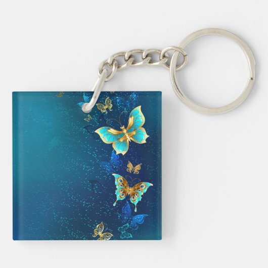 Golden Butterflies op een blauwe achtergrond Sleutelhanger (Achterkant)