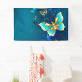 Golden Butterflies op een blauwe achtergrond Spandoek (Insitu)