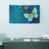 Golden Butterflies op een blauwe achtergrond Spandoek (Beurs)