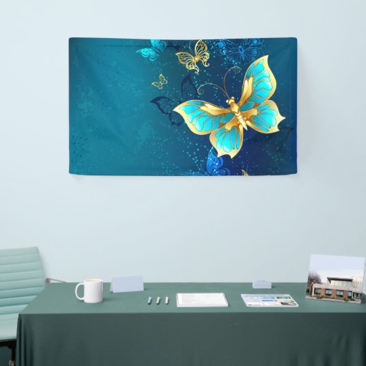Golden Butterflies op een blauwe achtergrond Spandoek (Beurs)