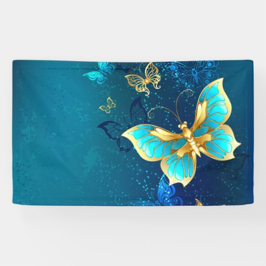 Golden Butterflies op een blauwe achtergrond Spandoek (Horizontaal)