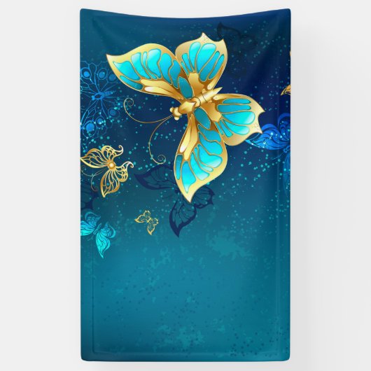 Golden Butterflies op een blauwe achtergrond Spandoek (Verticaal)
