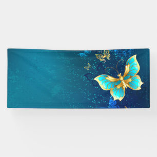 Golden Butterflies op een blauwe achtergrond Spandoek