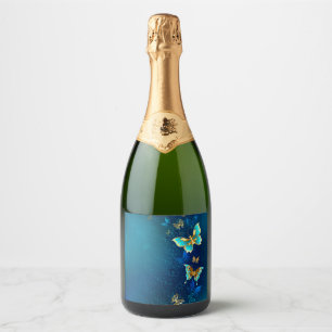 Golden Butterflies op een blauwe achtergrond Sparkling Wijnetiket