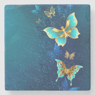 Golden Butterflies op een blauwe achtergrond Stenen Onderzetter