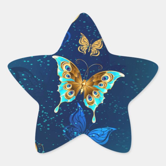 Golden Butterflies op een blauwe achtergrond Ster Sticker (Voorkant)